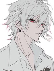  1boy aohitsugi_samatoki cigarette collared_shirt ear_piercing earrings ebanoniwa hypnosis_mic jewelry looking_at_viewer male_focus mouth_hold piercing portrait red_eyes shirt simple_background smoke smoking solo white_background wing_collar 