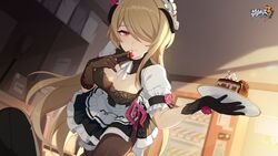  black_gloves breasts cake cake_slice cherry chinese_commentary chocolate_cake closed_mouth female finger_to_mouth food food_in_mouth fruit gloves hair_over_one_eye highres holding holding_plate honkai_(series) honkai_impact_3rd indoors large_breasts leggings light_brown_hair logo long_hair looking_at_viewer maid maid_headdress official_art official_wallpaper plate red_eyes rita_rossweisse rita_rossweisse_(fallen_rosemary) rita_rossweisse_(umbral_rose) short_sleeves smile solo vending_machine white_sleeves 