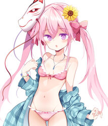  alternate_costume aqua_jacket bare_shoulders blush bow bow_panties bracelet breasts collarbone cowboy_shot diagonal-striped_bow diagonal_stripes female flower groin hair_flower hair_ornament hairbow hata_no_kokoro highres jacket jewelry knees long_hair long_sleeves mask mask_on_head maturiuta_sorato navel necklace off_shoulder panties pink_bow pink_hair pink_pupils plaid plaid_jacket purple_eyes simple_background small_breasts solo standing stomach striped_bow striped_clothes striped_panties sunflower swimsuit thighs touhou two_side_up underwear white_background yellow_flower 