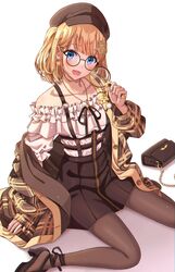  blonde_hair blue_eyes bob_cut breasts detective female glasses hair_ornament hat highres hololive hololive_english magnifying_glass medium_breasts official_alternate_hairstyle ojyomu pantyhose short_hair sitting skirt solo virtual_youtuber watson_amelia watson_amelia_(1st_costume) watson_amelia_(street_casual) 