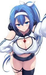  absurdres alyssa_(specktech) blue_eyes blue_hair blush breasts cleavage commentary_request commission female highres jewelry kabedon kasai_shin large_breasts long_hair looking_at_viewer necklace original pixiv_commission ponytail pov simple_background smile solo sports_bra sportswear thick_thighs thigh_strap thighhighs thighs white_background white_sports_bra 