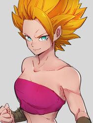  aqua_eyes barefoot blonde_hair breasts caulifla cleavage clenched_hand closed_mouth collarbone commentary_request crop_top dragon_ball dragon_ball_super female grey_background kemachiku looking_at_viewer short_hair simple_background smile solo super_saiyan super_saiyan_2 upper_body 