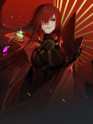  bodysuit breasts chains cloak eyebrows_hidden_by_hair fate/grand_order fate_(series) female hair_over_one_eye highres looking_at_viewer oda_nobunaga_(fate) oda_nobunaga_(maou_avenger)_(fate) red_background red_eyes red_hair simple_background solo yukuso_(dabiandang) 