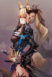  absurdres animal_ears arknights armor armored_dress ascot black_dress black_thighhighs blemishine_(arknights) blemishine_(moon_catastrborn)_(arknights) blonde_hair breasts closed_mouth commentary cowboy_shot crown dress female finger_to_mouth from_side gauntlets gradient_background highres horse_ears horse_girl horse_tail index_finger_raised light_particles long_hair looking_at_viewer looking_to_the_side medium_breasts official_alternate_costume pelvic_curtain ponytail profile red_eyes sheath sheathed shiro_kanae shushing sideways_glance skull smile solo sword tail thighhighs very_long_hair weapon white_ascot 