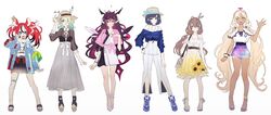  6+girls \||/ absurdres alternate_costume arm_at_side asymmetrical_hair backpack bag bandaid bandaid_on_knee bandaid_on_leg black_hair blonde_hair blue_eyes blue_hair blush bracelet breasts brown_hair ceres_fauna closed_mouth curly_hair dark-skinned_female dark_skin denim denim_jacket derivative_work detached_wings dress dress_shoes english_commentary feather_hair_ornament feathers floral_print friend_(nanashi_mumei) full_body gradient_hair green_bag green_hair hair_ornament hakos_baelz hand_on_headwear hand_on_own_chest hand_on_own_hip hand_up handbag hat hat_ribbon heterochromia highres holding holding_bag holocouncil hololive hololive_english horns irys_(hololive) jacket jewelry large_breasts long_dress looking_at_viewer medium_breasts mousetrap multicolored_hair multiple_girls nanashi_mumei open_mouth ouro_kronii over_shoulder pants parted_lips pink_hair platform_footwear purple_eyes quasarcake red_hair ribbon sandals sharp_teeth shirt shoes short_dress short_hair skirt small_breasts sneakers standing straw_hat sundress sunflower_print teeth tsukumo_sana twintails v virtual_youtuber waving_arm white_hair wings yellow_eyes 