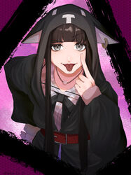  absurdres akanbe animal_hood artist_name bad_id bad_pixiv_id belt black_bow black_hair blunt_bangs bow cat_hood eyelid_pull female grey_eyes hand_on_own_hip highres hood jewelry looking_at_viewer necklace oerba_yun_fang purple_background sakurane_shouka shin_subarashiki_kono_sekai solo subarashiki_kono_sekai tongue tongue_out wakaba_koto_31 