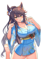  animal_ears bandaid bandaid_on_face bandaid_on_nose black_hair blue_kimono blush breasts cleavage commentary_request cowboy_shot ear_ornament female foot_up highres horse_ears horse_girl horse_tail horseshoe_print japanese_clothes kimono large_breasts long_hair long_sleeves looking_at_viewer narita_brian_(umamusume) parted_lips pointing pointing_at_self simple_background solo tail tracen_ondo_outfit_(umamusume) umamusume very_long_hair white_background wide_sleeves yellow_eyes yukata yuutopia 