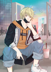  1boy black_jacket blonde_hair brown_eyes bubble_tea crowd cup day denim disposable_cup frown highres hood hood_down hoodie jacket jeans kanade_rindou looking_at_viewer male_focus mask mask_pull okaiest orange_hoodie outdoors pants road_sign shin_subarashiki_kono_sekai shoes sign silhouette sitting sneakers solo_focus subarashiki_kono_sekai torn_clothes torn_pants white_footwear 