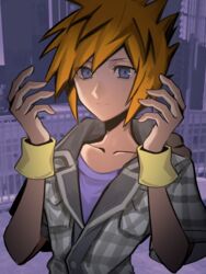  1boy blue_eyes blurry blurry_background hands_up highres keiseki1 looking_at_viewer male_focus orange_hair outdoors photo_background sakuraba_neku shin_subarashiki_kono_sekai solo subarashiki_kono_sekai wristband yellow_wristband 