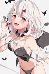  alternate_breast_size alternate_hair_length alternate_hairstyle auui bandages bare_shoulders black_panties blush breasts candy chains cleavage collar costume demon_girl demon_tail demon_wings female food gradient_hair grey_hair highres holding holding_candy holding_food hololive horns large_breasts looking_at_viewer multicolored_hair nakiri_ayame oerba_yun_fang oni open_mouth panties red_eyes red_hair revealing_clothes short_hair skin-covered_horns smile solo streaked_hair tail underwear virtual_youtuber white_hair wings 