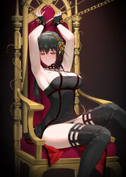  absurdres armpits arms_up au11 black_dress black_gloves black_panties black_thighhighs blood blush boots bound bound_ankles bound_wrists breasts chained chains chair closed_mouth clothes_lift dagger dress dress_lift female fingerless_gloves flower gloves gold gold_hairband hair_flower hair_ornament hairband highres holding holding_dagger holding_knife holding_weapon knife large_breasts long_hair looking_at_viewer panties panty_peek raised_eyebrows red_eyes rose short_dress sidelocks sitting solo spikes spy_x_family tearing_up tears thighhighs thorns throne underwear weapon yor_briar 