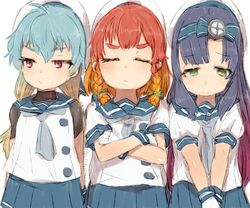  3girls alchera black_hair black_shirt blonde_hair blue_hair blue_neckerchief blue_sailor_collar blue_skirt braid brown_eyes buttons closed_eyes closed_mouth commentary_request crossed_arms etorofu_(kancolle) freckles gloves green_eyes hair_ornament hair_ribbon hat kantai_collection long_hair matsuwa_(kancolle) multicolored_hair multiple_girls neckerchief orange_hair pleated_skirt purple_hair red_hair ribbon sado_(kancolle) sailor_collar sailor_hat shirt short_sleeves skirt sleeveless sleeveless_shirt twin_braids white_background white_gloves 