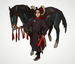  avatar:_the_last_airbender avatar_legends azula belt black_belt black_hair boots coat female full_body hand_on_own_hip highres horse looking_at_viewer medium_hair mossacannibalis saddle simple_background smile solo standing sword tassel topknot weapon white_background yellow_eyes 