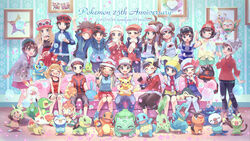  6+boys 6+girls :d anniversary artist_name backwards_hat baseball_cap beanie blue_jacket boots brendan_(pokemon) brown_footwear brown_hair bulbasaur calem_(pokemon) cardigan charmander chespin chikorita chimchar closed_eyes coat cocoloco commentary copyright_name couch cropped_jacket cyndaquil dated dawn_(pokemon) double_bun elio_(pokemon) ethan_(pokemon) eyewear_on_headwear fennekin flame-tipped_tail froakie gloria_(pokemon) green_headwear green_shorts grookey hair_bun hands_on_own_knees hat hat_ribbon highres hilbert_(pokemon) hilda_(pokemon) indoors jacket kris_(pokemon) leaf_(pokemon) litten long_hair lucas_(pokemon) lyra_(pokemon) may_(pokemon) mudkip multiple_boys multiple_girls nate_(pokemon) on_lap open_mouth oshawott overalls pantyhose pantyhose_under_shorts pikachu piplup pokemon pokemon_(creature) pokemon_bw pokemon_bw2 pokemon_dppt pokemon_frlg pokemon_gsc pokemon_hgss pokemon_on_lap pokemon_oras pokemon_platinum pokemon_rgby pokemon_sm pokemon_swsh pokemon_xy popplio red_(pokemon) red_coat red_headwear red_shirt red_skirt ribbon rosa_(pokemon) rowlet scarf scorbunny selene_(pokemon) serena_(pokemon) shirt shoes short_sleeves shorts sitting skirt sleeveless sleeveless_shirt smile snivy sobble squirtle standing striped_clothes striped_shirt sunglasses tam_o&#039;_shanter tepig tied_shirt torchic totodile treecko turtwig vest victor_(pokemon) visor_cap w white_headwear white_jacket zipper_pull_tab 