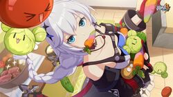  &gt;_&lt; ai-chan_(honkai_impact) bare_shoulders black_sleeves blue_eyes bowl braid breasts cabbage carrot collarbone earrings female food food_in_mouth fruit gloves highres holding holding_food honkai_(series) honkai_impact_3rd indoors jewelry kallen_kaslana kallen_kaslana_(sin_hunter) kitchen looking_at_food looking_up medium_breasts necklace official_art official_wallpaper pickle potato red_gloves standing tomato vegetable white_hair 