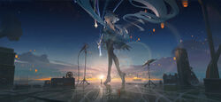  ahoge commentary_request evening female flute ganyu_(genshin_impact) genshin_impact harp highres horns instrument lantern looking_at_viewer microphone music_stand night night_sky outdoors phonograph scenery shooting_star sky solo standing star_(sky) starry_sky void_0 