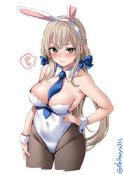  adapted_costume alternate_costume angry animal_ears between_breasts black_pantyhose blonde_hair blue_eyes blue_necktie blue_ribbon blush bow bowtie braid breasts cleavage covered_navel cowboy_shot detached_collar ebifurya fake_animal_ears fake_tail female hair_between_eyes hair_ribbon hand_on_own_hip headgear highleg highleg_leotard highres kantai_collection leotard long_hair looking_at_viewer low_twintails maryland_(kancolle) medium_breasts necktie necktie_between_breasts one-hour_drawing_challenge pantyhose playboy_bunny rabbit_ears rabbit_tail ribbon speech_bubble spoken_squiggle squiggle strapless strapless_leotard tail traditional_bowtie twintails twitter_username white_background white_leotard wrist_cuffs 