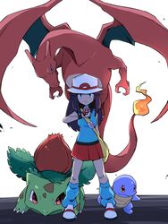  alternate_color ayo_(ayosanri009) bag black_wristband blue_legwear blue_shirt brown_hair bucket_hat charizard commentary_request female flame-tipped_tail hair_flaps hand_up hat highres holding holding_poke_ball ivysaur knees leaf_(pokemon) long_hair loose_socks messenger_bag pleated_skirt poke_ball poke_ball_(basic) pokemon pokemon_(creature) pokemon_frlg red_skirt shirt shoes shoulder_bag skirt sleeveless sleeveless_shirt socks squirtle super_smash_bros. vs_seeker white_footwear white_headwear wristband yellow_bag 