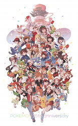  6+boys 6+girls :d ;d absurdres anniversary arm_up backwards_hat baseball_cap beanie black_shirt blonde_hair blue_oak blue_shirt bow_hairband bracelet brendan_(pokemon) brown_hair bulbasaur calem_(pokemon) cardigan charmander chase_(pokemon) chespin chikorita chimchar clenched_hand closed_eyes closed_mouth commentary_request confetti copyright_name cyndaquil dawn_(pokemon) double_bun eevee elaine_(pokemon) elio_(pokemon) ethan_(pokemon) fennekin flame-tipped_tail froakie gloria_(pokemon) green_eyes green_hair green_headwear grey_cardigan grey_headwear grin grookey hair_bun hair_ornament hairband hairclip hand_on_headwear hat hat_ribbon highres hilbert_(pokemon) hilda_(pokemon) jewelry kris_(pokemon) leaf_(pokemon) leg_warmers lillie_(pokemon) litten long_hair looking_at_viewer lucas_(pokemon) lyra_(pokemon) may_(pokemon) mew_(pokemon) mewtwo mudkip multiple_boys multiple_girls nate_(pokemon) necklace odd_(hin_yari) one_eye_closed open_mouth orange_shirt oshawott pants pantyhose pikachu piplup pleated_skirt pokemon pokemon_(creature) pokemon_bw pokemon_bw2 pokemon_dppt pokemon_frlg pokemon_gsc pokemon_hgss pokemon_lgpe pokemon_oras pokemon_rgby pokemon_sm pokemon_swsh pokemon_usum pokemon_xy ponytail popplio raglan_sleeves red_(pokemon) red_hairband red_headwear red_scarf red_shirt red_skirt ribbon rosa_(pokemon) rowlet scarf scorbunny selene_(pokemon) serena_(pokemon) shirt shoes short_sleeves shorts sidelocks skirt sleeveless sleeveless_shirt smile snivy sobble spiked_hair squirtle tam_o&#039;_shanter tepig torchic totodile treecko turtwig twintails v victor_(pokemon) visor_cap w white_background white_headwear wristband yellow_shorts 