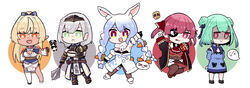  &gt;_&lt; 5girls :&lt; :3 animal_ears arm_guards arms_behind_back black_coat black_gloves blonde_hair blue_dress blue_hair bow braid breasts butterfly-shaped_pupils carrot_hair_ornament cleavage cleavage_cutout clothing_cutout coat commentary_request covered_navel dark-skinned_female dark_skin don-chan_(usada_pekora) dress eyepatch fandead_(uruha_rushia) flat_chest food-themed_hair_ornament gloves green_eyes green_hair grey_hair hair_ornament hairbow highres hololive hololive_fantasy houshou_marine houshou_marine_(1st_costume) kintsuba_(shiranui_flare) large_breasts mace multicolored_hair multiple_girls orange_eyes pantyhose pekomon_(usada_pekora) rabbit-shaped_pupils rabbit_ears rabbit_girl red_eyes red_hair red_skirt sakana_(saka11205) shaded_face shiranui_flare shiranui_flare_(old_design) shirogane_noel shirogane_noel_(1st_costume) skirt symbol-shaped_pupils thick_eyebrows thighhighs tongue tongue_out twin_braids twintails two-tone_hair uruha_rushia uruha_rushia_(1st_costume) usada_pekora usada_pekora_(1st_costume) v v-shaped_eyebrows virtual_youtuber weapon white_gloves white_hair 