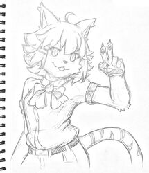  absurd_res accessory ahoge anthro bow_ribbon claws dynogreeno felid feline female fur gesture hair hair_accessory hand_gesture hi_res mammal monochrome short_hair small_eyebrows solo stripes tongue tongue_out traditional_media_(artwork) v_sign 