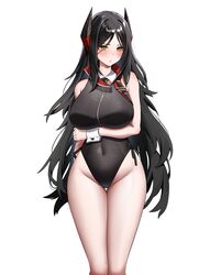  absurdres arknights arm_under_breasts black_hair black_leotard black_necktie blush breasts covered_navel detached_collar dishui_tangni female groin highleg highleg_leotard highres horns huge_breasts ines_(arknights) leotard long_hair looking_at_viewer mole mole_under_eye necktie parted_lips playboy_bunny simple_background solo standing symbol-shaped_pupils very_long_hair white_background wrist_cuffs yellow_eyes 