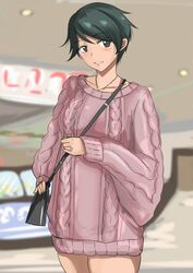  absurdres bag blush commentary_request cowboy_shot female green_eyes green_hair handbag highres jewelry kantai_collection ken_(shutenndouji1) mall mogami_(kancolle) pink_sweater ring short_hair solo sweater 