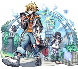  2boys 2girls animal_hood aqua_footwear backpack bag black_footwear black_jacket black_vest boots bubble_tea cat_hood cellphone crepe crying denim eire_(sai_fuji) fingerless_gloves food furesawa_tousai glasses gloves highres hood hoodie ice_cream jacket jeans kanade_rindou long_hair mask multiple_boys multiple_girls orange_hoodie outdoors pants phone plaid plaid_pants red_pants sakurane_shouka shin_subarashiki_kono_sekai shirt shoes sitting sneakers sparkle striped_clothes striped_thighhighs subarashiki_kono_sekai thighhighs torn_clothes torn_jeans torn_pants usui_nagi vest walking white_shirt 