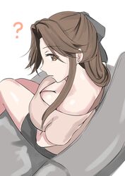  ? absurdres black_pants breasts brown_eyes brown_hair brown_shirt cleavage commentary_request couch female from_above green_ribbons hair_intakes hair_ribbon half_updo highres jintsuu_(kancolle) kantai_collection ken_(shutenndouji1) large_breasts long_hair open_mouth pants ribbon shirt short_sleeves simple_background solo white_background 