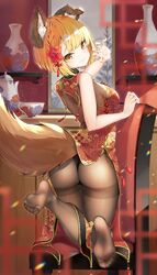  animal_ear_fluff animal_ears ass back bare_arms bare_shoulders blonde_hair braid china_dress chinese_clothes claw_pose closed_mouth dog_ears dog_girl dog_tail dress erune feet female foot_focus granblue_fantasy highres hyouta_(yoneya) lifted_by_tail looking_at_viewer looking_back nail_polish no_shoes pantyhose paw_pose short_hair smile soles tail tail_raised thick_eyebrows thighband_pantyhose thighs toes vajra_(granblue_fantasy) yellow_eyes 