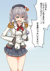  beret black_hat black_skirt blue_eyes breasts commentary_request epaulettes female frilled_skirt frilled_sleeves frills gloves grey_hair hat highres hitachi_magic_wand holding holding_sex_toy jacket kantai_collection kashima_(kancolle) large_breasts long_sleeves military military_jacket military_uniform miniskirt neckerchief pleated_skirt red_neckerchief sex_toy sidelocks skirt solo speech_bubble standing takasugi_heppu translated twintails uniform vibrator wavy_hair white_gloves white_jacket 