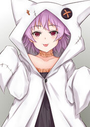  animal_hood cat_hood cloak female halloween_costume highres hood hood_up hooded_cloak kantai_collection koru_pera official_alternate_costume purple_hair red_eyes short_hair smile solo tama_(kancolle) tongue tongue_out white_cloak 