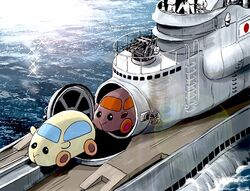  4boys cannon commentary_request guinea_pig i-400_(submarine) japanese_flag matsuda_juukou molcar multiple_boys ocean outdoors parody pui_pui_molcar sparkle submarine turret water watercraft 