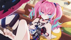  bare_shoulders barefoot blue_nails book bracelet breasts chinese_commentary closed_mouth controller couch crossed_bangs female game_controller gloves hair_between_eyes highres holding holding_controller homu_(honkai_impact) honkai_(series) honkai_impact_3rd indoors jewelry multicolored_hair nail_polish official_art official_wallpaper pink_hair rozaliya_olenyeva rozaliya_olenyeva_(fervent_tempo) single_glove sitting small_breasts solo streaked_hair stuffed_animal stuffed_toy toenail_polish toenails toes twintails weapon 