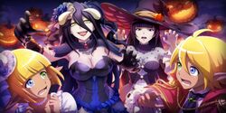  1boy 3girls albedo_(overlord) aura_bella_fiora black_eyes black_hair blonde_hair blue_eyes breasts cleavage costume flower green_eyes hair_between_eyes hair_flower hair_ornament halloween halloween_costume hat heterochromia highres horns jack-o&#039;-lantern large_breasts long_hair mare_bello_fiore multiple_girls narberal_gamma official_art open_mouth overlord_(maruyama) pointy_ears short_hair third-party_source witch_hat yellow_eyes 