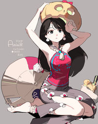  ajirogasa armpits arms_up artist_name bag black_eyes black_hair earrings english_text female grey_background grey_skirt halloween halterneck hat highres holding jack-o&#039;-lantern jewelry long_hair long_skirt original parted_lips red_shirt shirt signature simple_background skirt socks solo tennohi white_socks 