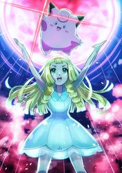  :d absurdres arms_up blonde_hair blunt_bangs braid clefairy collared_dress commentary_request dress eyelashes female floating_hair green_eyes highres lillie_(pokemon) long_hair looking_up moon moonblast_(pokemon) open_mouth pokemon pokemon_(creature) pokemon_sm see-through sheyona sleeveless sleeveless_dress smile sundress teeth tongue twin_braids upper_teeth_only white_dress 