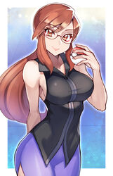  arm_behind_back bare_arms black_shirt breasts brown_hair closed_mouth collarbone collared_shirt commentary_request eyelashes female glasses hand_up highres holding holding_poke_ball long_hair looking_at_viewer lorelei_(pokemon) poke_ball poke_ball_(basic) pokemon pokemon_frlg ponytail purple_skirt shirt side_slit sidelocks skirt sleeveless sleeveless_shirt smile solo yasu_suupatenin 