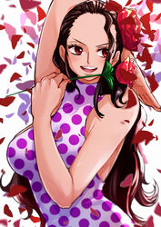  aosora2823 arm_up black_hair blush breasts dress falling_petals female flower forehead hair_flower hair_ornament highres holding holding_flower large_breasts long_hair one_piece petals polka_dot polka_dot_dress purple_dress red_flower red_rose rose sideways_glance sleeveless sleeveless_dress smile solo upper_body very_long_hair viola_(one_piece) 