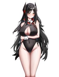  absurdres arknights arm_under_breasts black_hair black_leotard black_necktie blush breasts cleavage cleavage_cutout clothing_cutout covered_navel detached_collar dishui_tangni female groin highleg highleg_leotard highres horns huge_breasts ines_(arknights) leotard long_hair looking_at_viewer mole mole_under_eye necktie parted_lips playboy_bunny simple_background solo standing symbol-shaped_pupils very_long_hair white_background wrist_cuffs yellow_eyes 