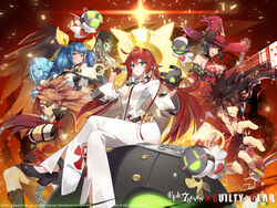  1boy 4girls absurdres ankh ankh_necklace ankh_print artist_request bad_link baiken ball_and_chain_restraint bare_shoulders belt black_hair blue_hair blush bodysuit breasts broken_halo brown_hair candy cleavage collarbone company_name copyright_name crossed_legs dizzy_(guilty_gear) epic_seven eyepatch facial_mark fingerless_gloves floating floating_object food full_body gloves guilty_gear guilty_gear_strive guilty_gear_xrd halo hat headband highres holding i-no jack-o&#039;_valentine japanese_clothes knight_servant large_breasts lipstick logo lollipop long_hair long_sleeves looking_at_viewer makeup mask mole mole_above_mouth multicolored_hair multiple_girls necro_(guilty_gear) obi official_art pink_eyes pink_hair red_eyes red_hair sash shoes sitting skin_tight smile sol_badguy twintails two-tone_hair undine_(guilty_gear) white_bodysuit white_hair wings witch_hat 