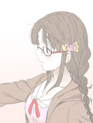  animal_hair_ornament blush bow braid breasts brown_eyes brown_hair brown_jacket cleavage closed_mouth collarbone female freckles from_side glasses gradient_background hair_ribbon hairbow hand_up haruichi_(komikal) idolmaster idolmaster_cinderella_girls idolmaster_cinderella_girls_starlight_stage jacket long_hair long_sleeves looking_at_another medium_breasts neck_ribbon okuyama_saori pink_shirt red_ribbon ribbon shirt simple_background smile solo white_background yellow_ribbon 