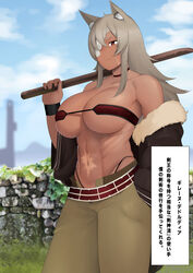  abs animal_ear_fluff animal_ears bandeau black_panties bokken breasts cat_ears choker cleavage dark-skinned_female dark_skin day eyepatch female ghislaine_dedoldia green_pants grey_hair hand_in_pocket highleg highleg_panties highres holding holding_sword holding_weapon katana large_breasts long_hair moebell mushoku_tensei off_shoulder one-eyed open_fly outdoors panties pants red_choker red_eyes revealing_clothes ribs scar scar_on_cheek scar_on_face scar_on_stomach solo strapless sword toned translation_request underboob underwear weapon wooden_sword 