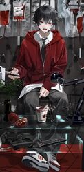  1boy black_hair black_necktie blood blood_bag cellphone chopsticks collared_shirt controller couch earrings food fruit game_controller hashtag-only_commentary headphones highres holding holding_phone hood hoodie intravenous_drip iv_stand jewelry keki_chogyegi kuzuha_(nijisanji) lamp looking_at_viewer male_focus necktie nijisanji nissin_cup_noodle open_mouth pants phone plaid plaid_pants plant playstation_controller red_eyes red_hoodie remote_control shirt shoes short_hair sitting smartphone sneakers solo table virtual_youtuber white_shirt window zipper zipper_pull_tab 