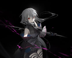  absurdres arknights black_background black_gloves bow breasts eyebrows_hidden_by_hair female gloves grey_hair hair_between_eyes highres holding holding_sword holding_weapon long_hair looking_at_viewer open_mouth red_eyes simple_background skadi_(arknights) skadi_(elite_ii)_(arknights) skirt solo sword weapon whale_girl white_hair yukuso_(dabiandang) 