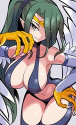  duel_monster elf_ears gold_jewelry golden_eyes harpie_queen harpy large_breasts ponytail smirk tagme wbsbism yu-gi-oh! 