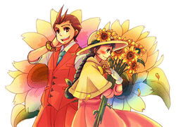  1boy apollo_justice blue_necktie blush bracelet braid brown_eyes brown_hair bun_ends capelet commentary_request dress female floral_background flower gyakuten_saiban hat jewelry juniper_woods long_hair manase_kaichi necktie pants phoenix_wright:_ace_attorney_-_dual_destinies photoshop_(medium) pink_dress smile sunflower 