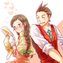  1boy apollo_justice blue_necktie blush braid brown_eyes brown_hair bun_ends capelet closed_eyes commentary_request embarrassed female flower flying_sweatdrops gloves gyakuten_saiban hat heart juniper_woods long_hair necktie phoenix_wright:_ace_attorney_-_dual_destinies riio_(ohlychan) sunflower twin_braids unworn_hat unworn_headwear 