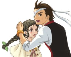  1boy :o apollo_justice bandage_over_one_eye benihi blush bracelet braid brown_eyes brown_hair bun_ends capelet commentary_request female gyakuten_saiban jewelry juniper_woods long_hair open_mouth phoenix_wright:_ace_attorney_-_dual_destinies sweat transparent_background 