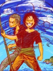  2boys black_hair fykr fykr00 gol_d_roger grin jolly_roger lolicon male male_focus multiple_boys ocean one_piece outdoors pirate pirate_flag pixiv_thumbnail resized sash silvers_rayleigh simle smile sword weapon young younger 